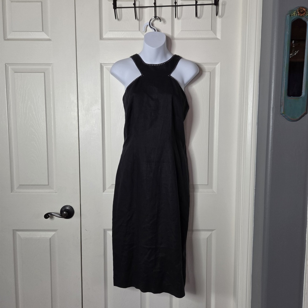 Lauren Ralph Lauren Black Linen Midi Halter Cutout Neck Pick-stitching Size 8